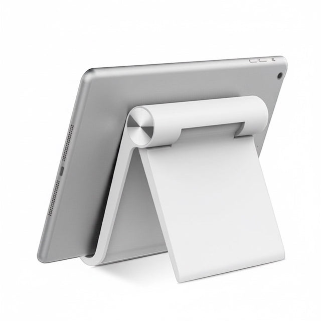 The Remote Desk adjustable white tablet stand holding a silver tablet at an angle on a white background