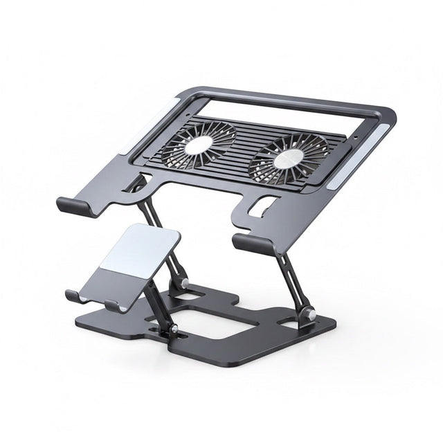 The Remote Desk 2-in-1 carbon steel laptop and phone cooling stand with dual fans for improved airflow