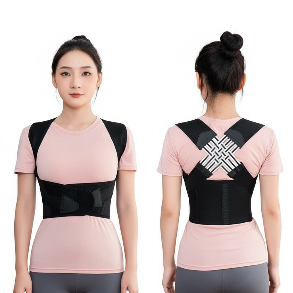 The Remote Desk adjustable black posture corrector back brace worn over a pink t-shirt, front and back view.