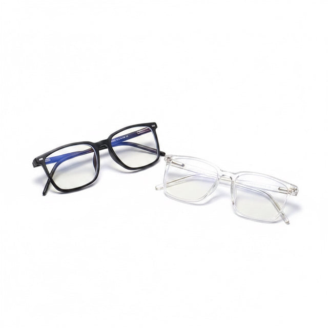 The Remote Desk blue light blocking glasses featuring lightweight square frames in black and clear transparent styles.